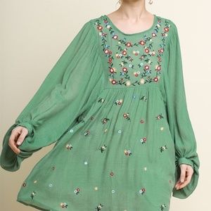 Umgee Balloon Sleeved Embroidered Boho Chic Dress